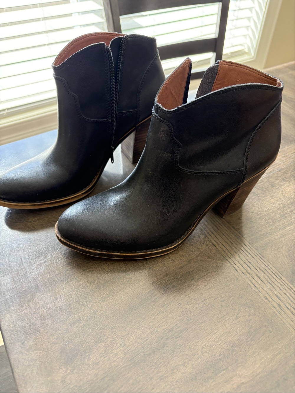 Lucky Brand Black Leather Ankle Booties with Stacked Wood Heel